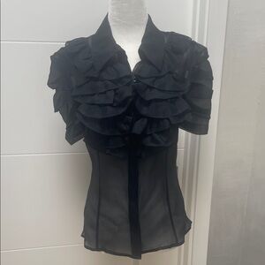 Silk 100% Black Ruffled Short-Sleeve Sheer Blouse